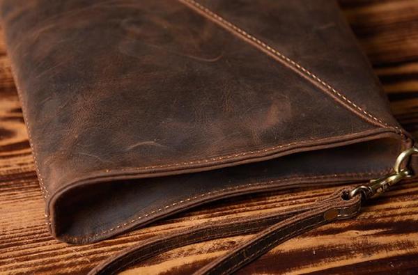 Handmade Leather Mens Clutch Cool Slim BagZipper Clutch Wristlet Wallet for Men