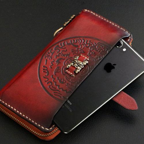 Handmade Mens Tooled Snow Lion Leather Chain Wallet Biker Trucker Wallet with Chain