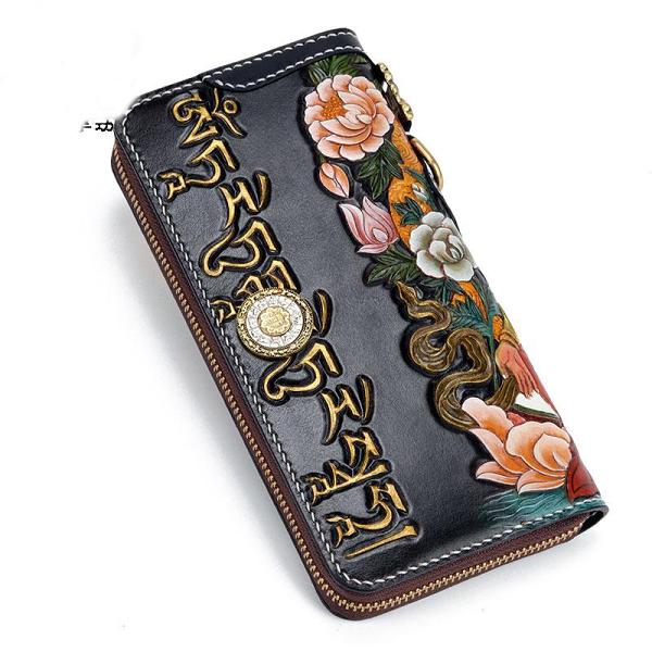 Handmade Leather Green Tara Buddhism Mens Chain Biker Wallet Cool Leather Wallet With Chain Wallets for Men