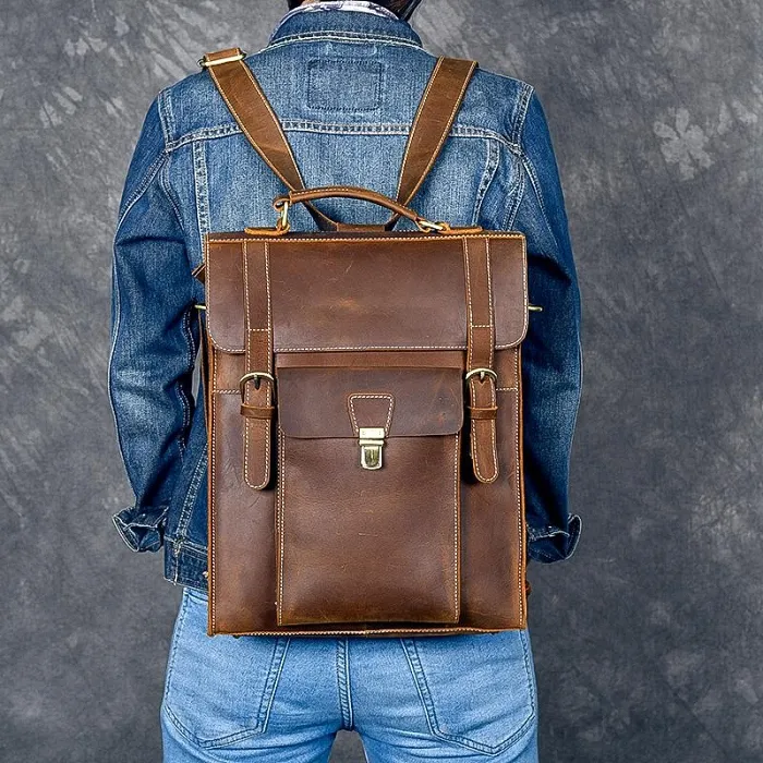 Leather Mens 14 Brown Laptop Backpack Side Bag Backpack College Backpack Handbag for Men