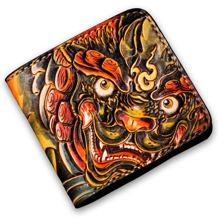 Handmade Leather Chinese Lion Tooled Mens billfold Wallet Cool Leather Wallet Slim Wallet for Men