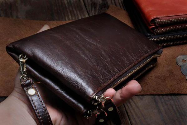 Handmade Leather Mens Cool Long Leather Wallet Slim Zipper Clutch Wristlet Wallet for Men
