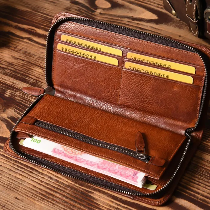 Handmade Leather Mens Cool Long Leather Wallet Zipper Phone Clutch Wallet for Men