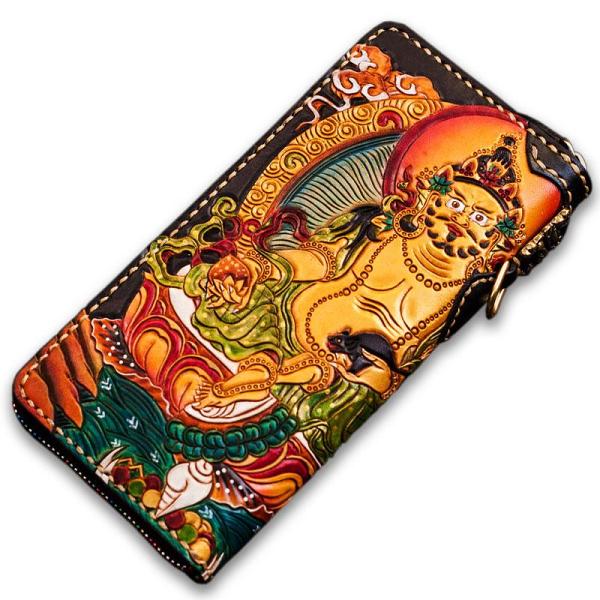 Handmade Leather Tooled Yellow Jambhala Mens Chain Biker Wallet Cool Leather Wallet Zipper Long Phone Wallets for Men