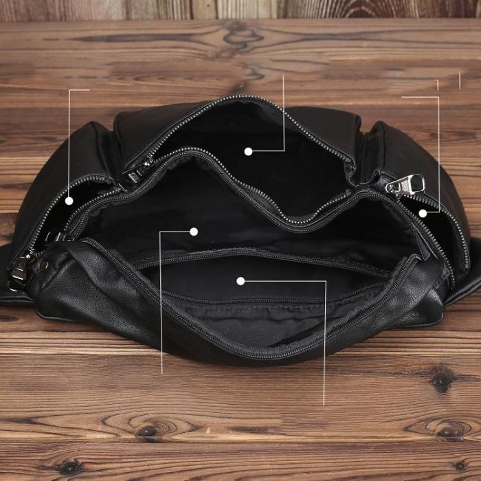 Large Black Leather Fanny Pack Men's Black Chest Bag Hip Bag Large Capacity Waist Bag For Men
