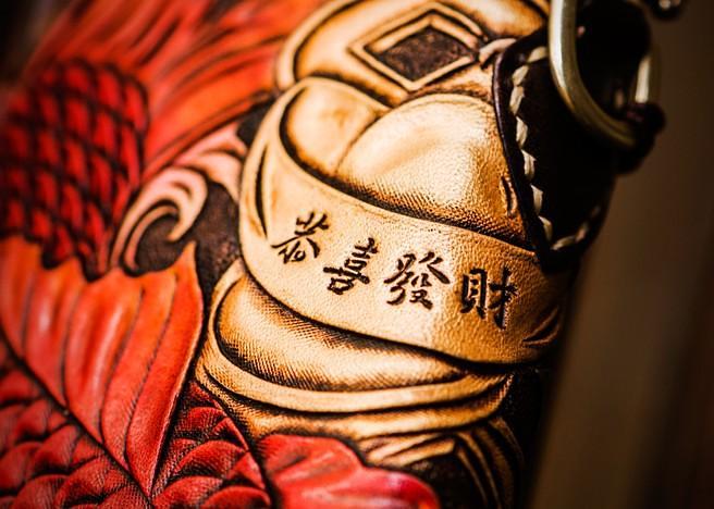 Handmade Leather Tooled Carp Mens Chain Biker Wallet Cool Leather Wallet Long Phone Wallets for Men