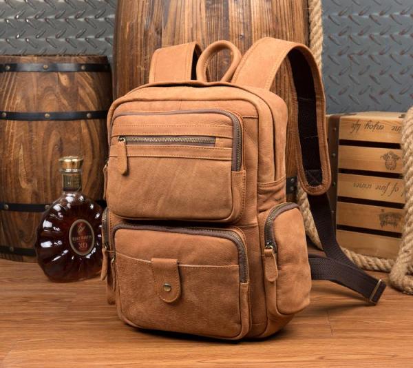 Cool Khaki Mens Leather 13inches Computer Backpack Camel Travel Backpack School Backpack for men