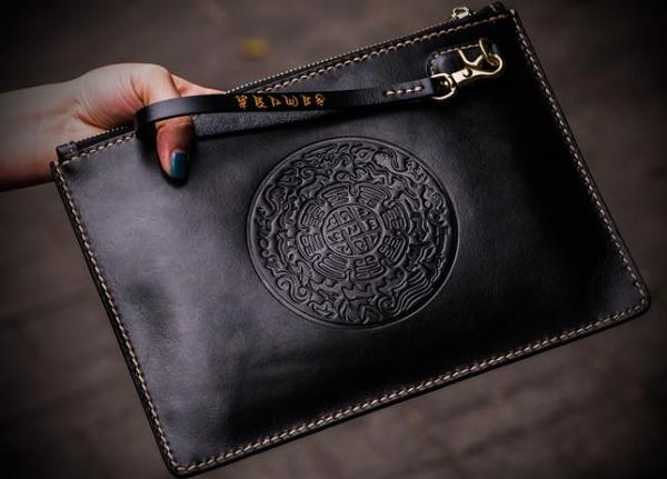 Handmade Leather Carp Tooled Wristlet Bag iPad Bag Mens Cool Leather Wallet Long Clutch for Men