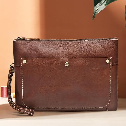 Large Brown MENS LEATHER SLIM ZIPPER CLUTCH Dark Coffee WRISTLET PURSE Envelope Briefcase Bag For Men