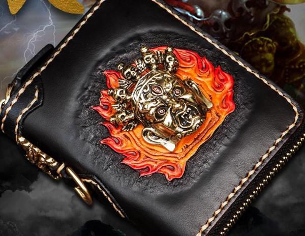 Handmade Mahākāla Leather Black Biker Wallet Mens Cool Short Chain Wallet Trucker Wallet with Chain