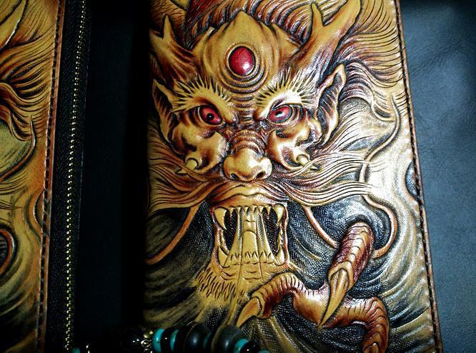 Handmade Leather Chinese Dragon Zipper Mens Long Wallet Clutch Cool Leather Wallet Long Tooled Wallets for Men