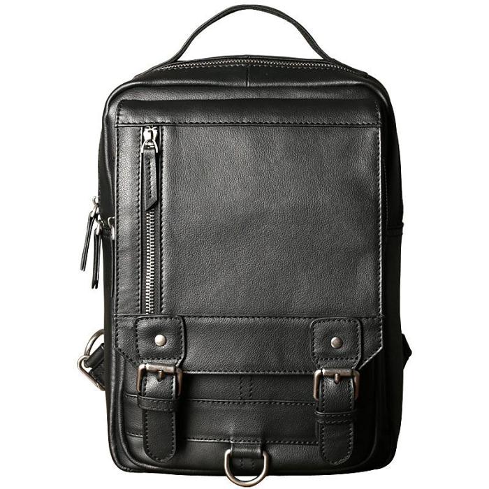 Black Leather Men's Convertible Sling Bag Small Backpack Black Travel Sling Bag For Men