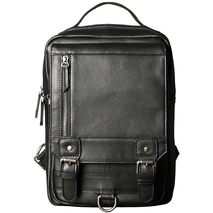 Black Leather Men's Convertible Sling Bag Small Backpack Black Travel Sling Bag For Men