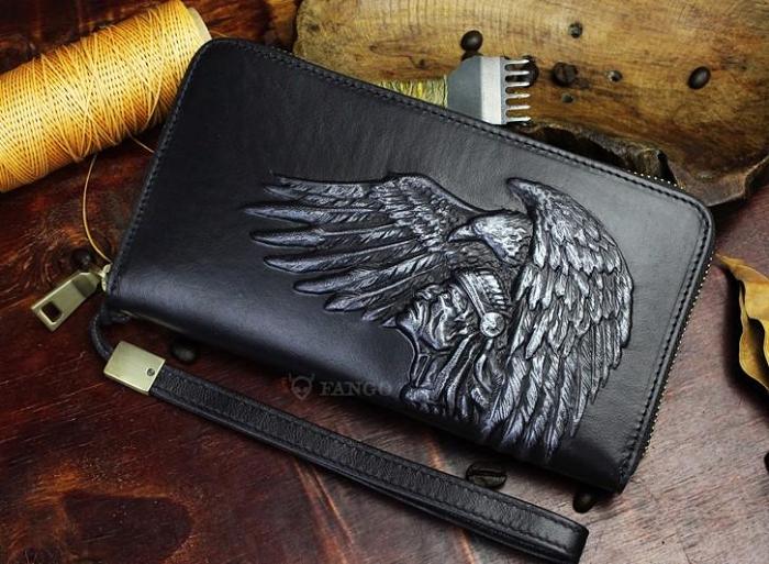 Handmade Leather Mens Tooled Indian Cool Zipper Phone Travel Long Wallet Card Holder Card Slim Clutch Wallets for Men