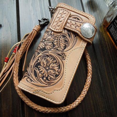 Handmade Leather Biker Wallet Tooled Floral Mens Cool Chain Wallet Trucker Wallet with Chain