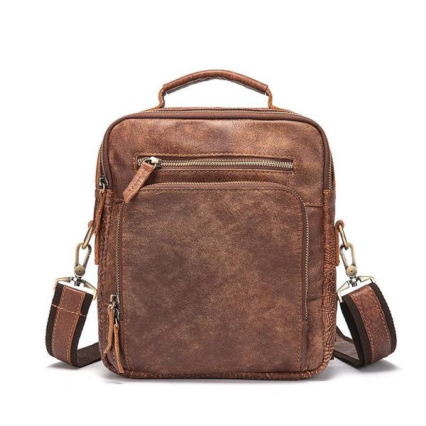 Brown Cool Leather Small Vertical Side Bag Briefcase Messenger Bag Brown Handbag Shoulder Bag For Men