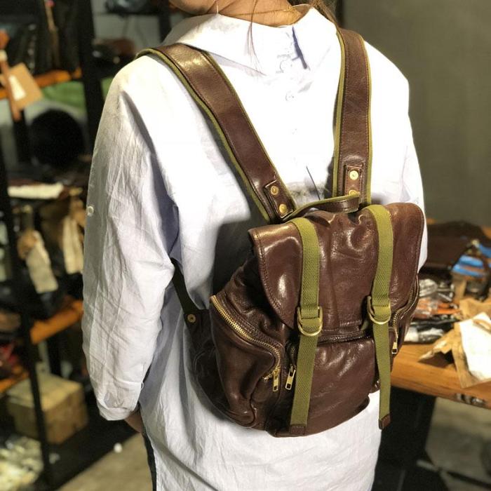 Genuine Leather Mens Cool Backpack Sling Bag Large Black Travel Bag Hiking Bag for men