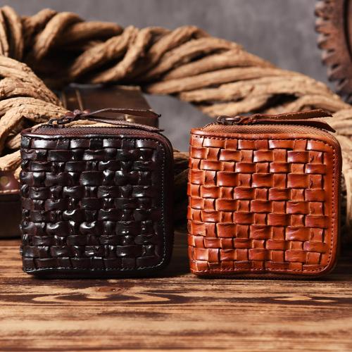 Handmade Leather Mens Cool Wallet Men Braided Wallets Zipper Wallet for Men