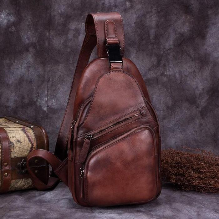 Cool Leather Mens Sling Bag Crossbody Bag Chest Bag for men
