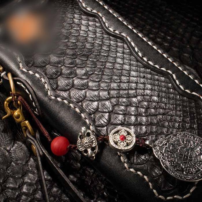 Handmade Leather Python Skin Mens Chain Biker Wallet Cool Leather Wallet Long Phone Wallets for Men