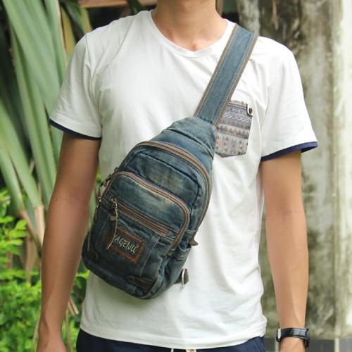 Mens Vintage Blue Denim Sling Bag Chest Bags Jean One Shoulder Backpack For Men