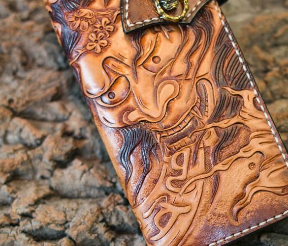 Handmade Leather Mens Cool Tooled Prajna Chain Wallet Biker Trucker Wallet with Chain