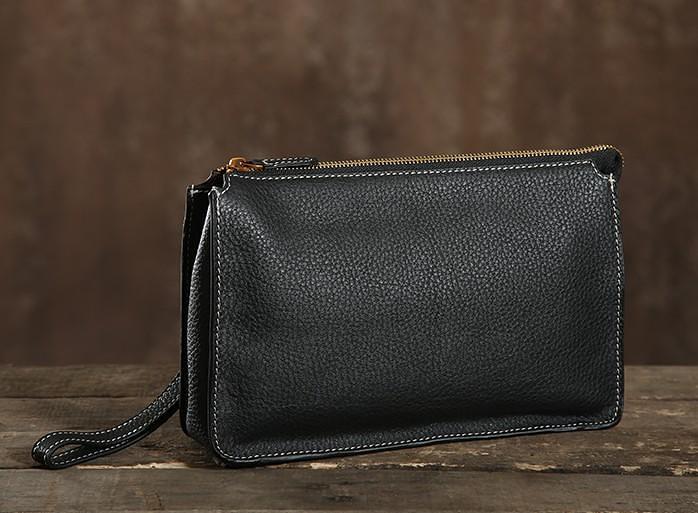 Genuine Leather Mens Clutch Cool Wallet Zipper Clutch Wristlet Bag Wallet for Men