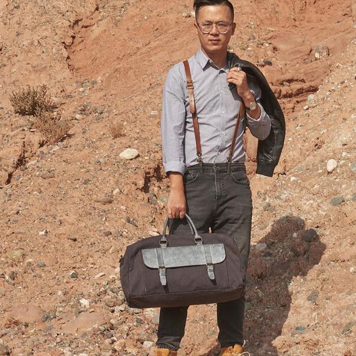 Mens Leather Canvas Large Weekender Bag Canvas Travel Bag for Men