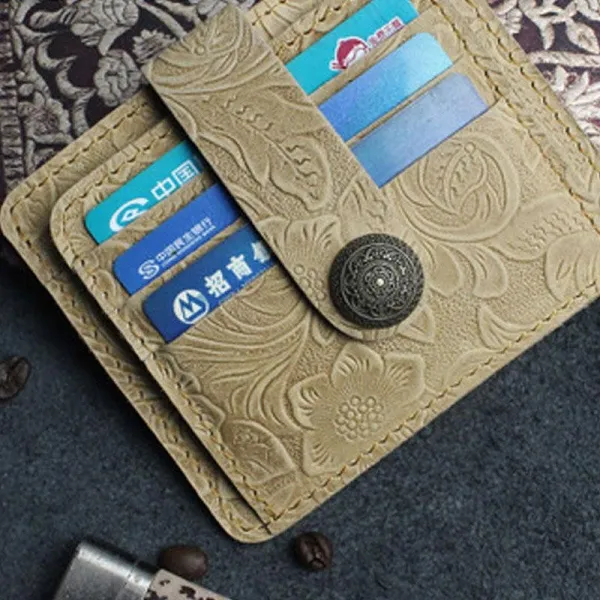 Handmade Leather Floral Mens Cool Front Pocket Wallet Short Wallet Card Holder Small Card Slim Wallets for Men