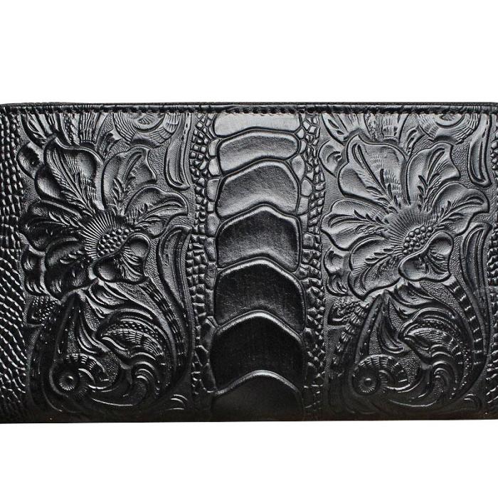 Handmade Leather Mens Tooled Floral Cool Zipper Phone Travel Long Wallet Card Holder Card Slim Clutch Wallets for Men