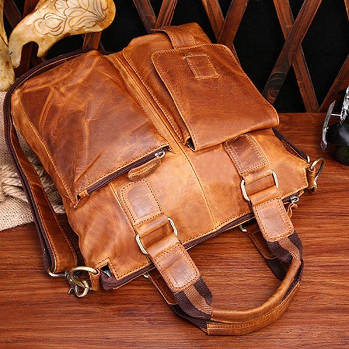 Vintage Coffee Leather Mens Briefcase Laptop Bag Business Bags Work Bag for Men