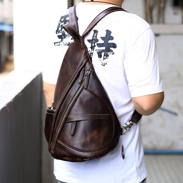 Brown Leather Men's Sling Bag Chest Bag Vintage One shoulder Backpack For Men