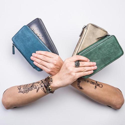 Handmade Leather Mens Cool Long Leather Wallet Bifold Zipper Clutch Wallet for Men