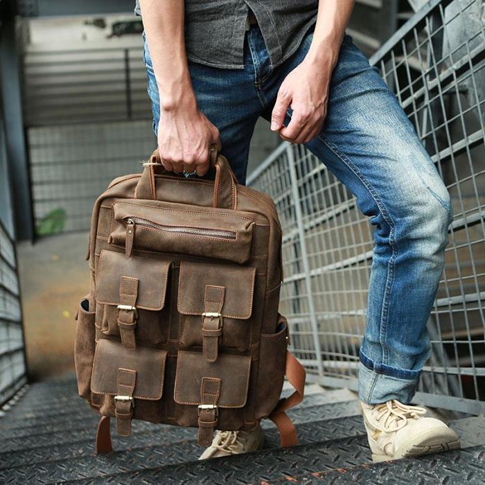 Vintage Coffee Mens Leather Backpacks Travel Backpacks Laptop Backpack for men