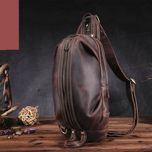 Handmade Leather Mens Cool Chest Bag Sling Bag Crossbody Bag Travel Bag Hiking Bag for men