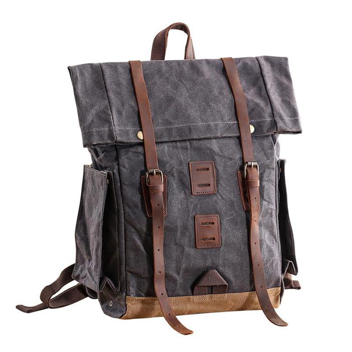 Waxed Canvas Leather Mens 16‘’ Army Green Backpack Travel Backpack Gray Hiking Backpack for Men