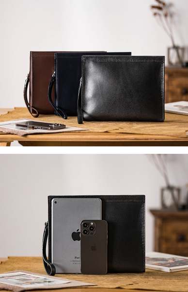 Black Leather Clutch Bag for Men Leather Clutch Bag Male Leather Wristlet Bag Large Wristlet