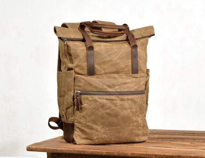 Waxed Canvas Leather Mens Backpack Canvas Travel Backpack Canvas School Backpack for Men