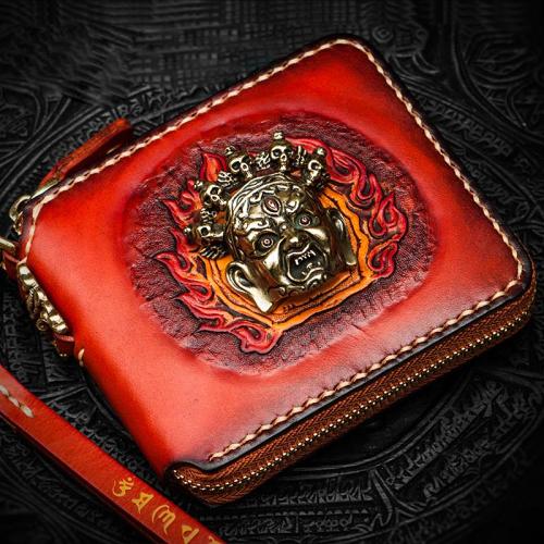 Handmade Mahākāla Leather Brown Biker Wallet Mens Cool Short Chain Wallet Trucker Wallet with Chain