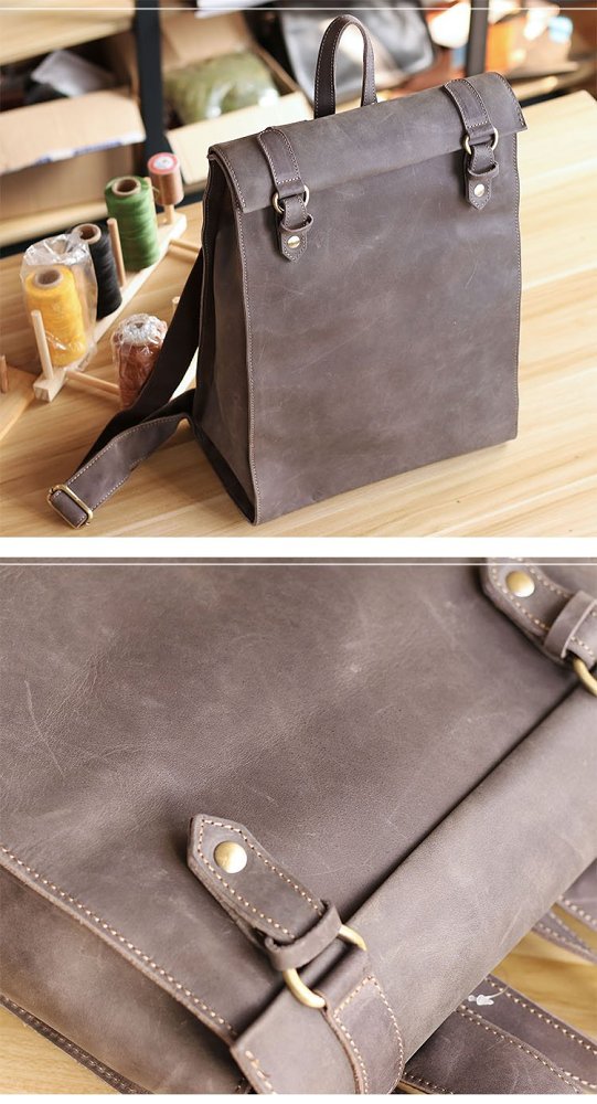 Cool Black Leather Mens Travel Backpack Work Handbag 14 inches Work Backpack For Men