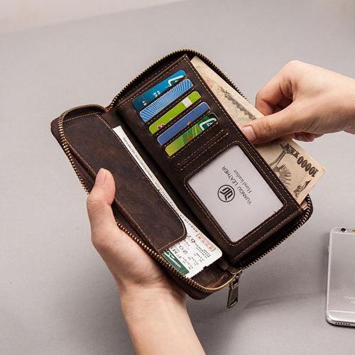 Leather Men Zipper Travel Wallet Passport Wallet Bifold Long Wallets for Men