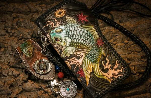 Handmade Leather Carp Mens Chain Biker Wallet Cool Leather Wallet With Chain Wallets for Men