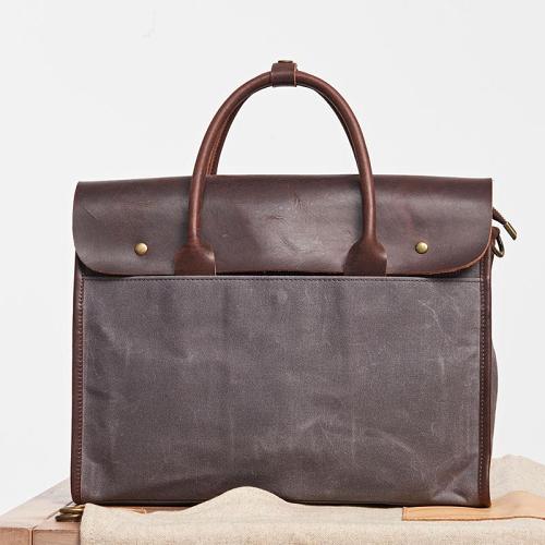 Mens Gray Canvas Leather Briefcase Handbag Work Bag Business Bag for Men