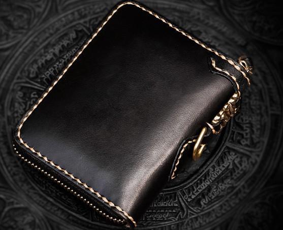Handmade Mahākāla Leather Black Biker Wallet Mens Cool Short Chain Wallet Trucker Wallet with Chain