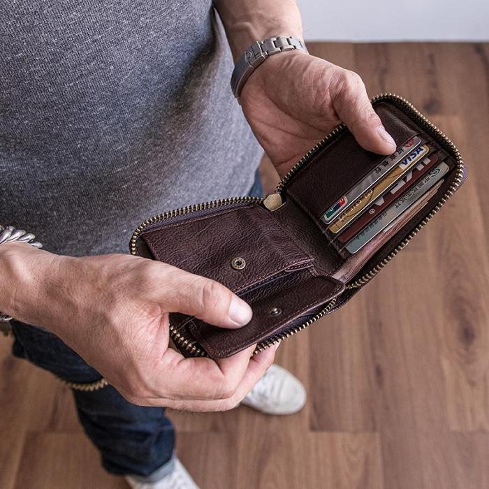 Genuine Leather Mens Cool billfold Leather Wallet Men Small Zipper Wallets Bifold for Men