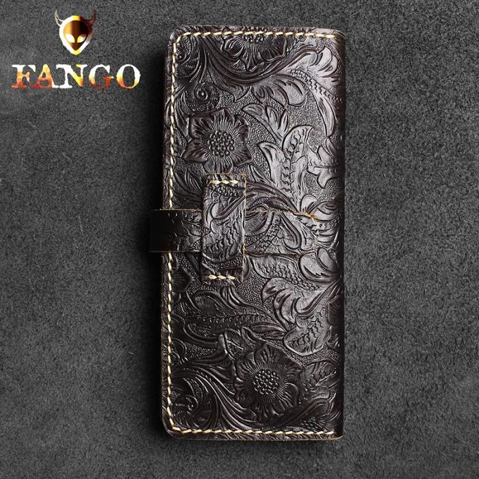 Handmade Leather Floral Mens Cool Travel Long Wallet Card Holder Card Slim Clutch Wallets for Men