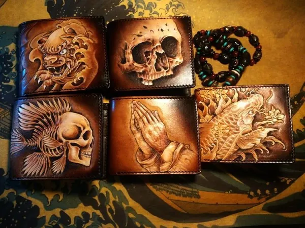 Handmade Leather Carp Fish Tooled Mens billfold Wallet Cool Leather Wallet Slim Wallet for Men