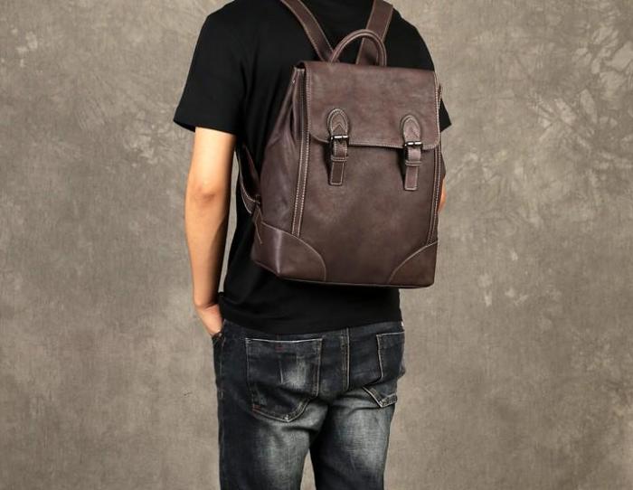 Genuine Leather Mens Cool Backpack Sling Bag Large Black Travel Bag Hiking Bag for men