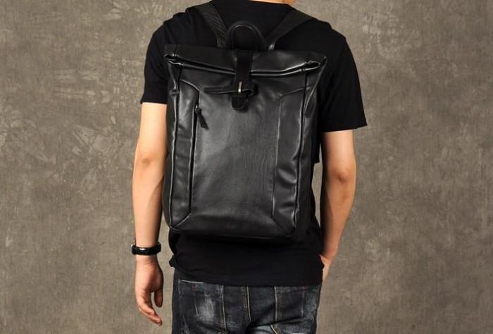 Genuine Leather Mens Cool Backpack Sling Bag Large Black Travel Bag Hiking Bag for men