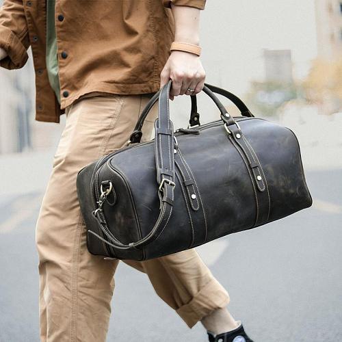 Dark Brown Leather Mens Casual Large Travel Bag 16 Shoulder Weekender Bag Duffle Bag For Men